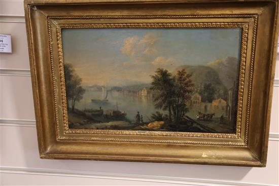 18th century French School River landscape with figures overlooking a hay barge and houses 7.5 x 12.5in.